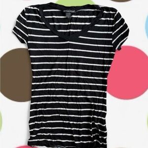 American Dream Black & White Striped V-Neck Tee Shirt